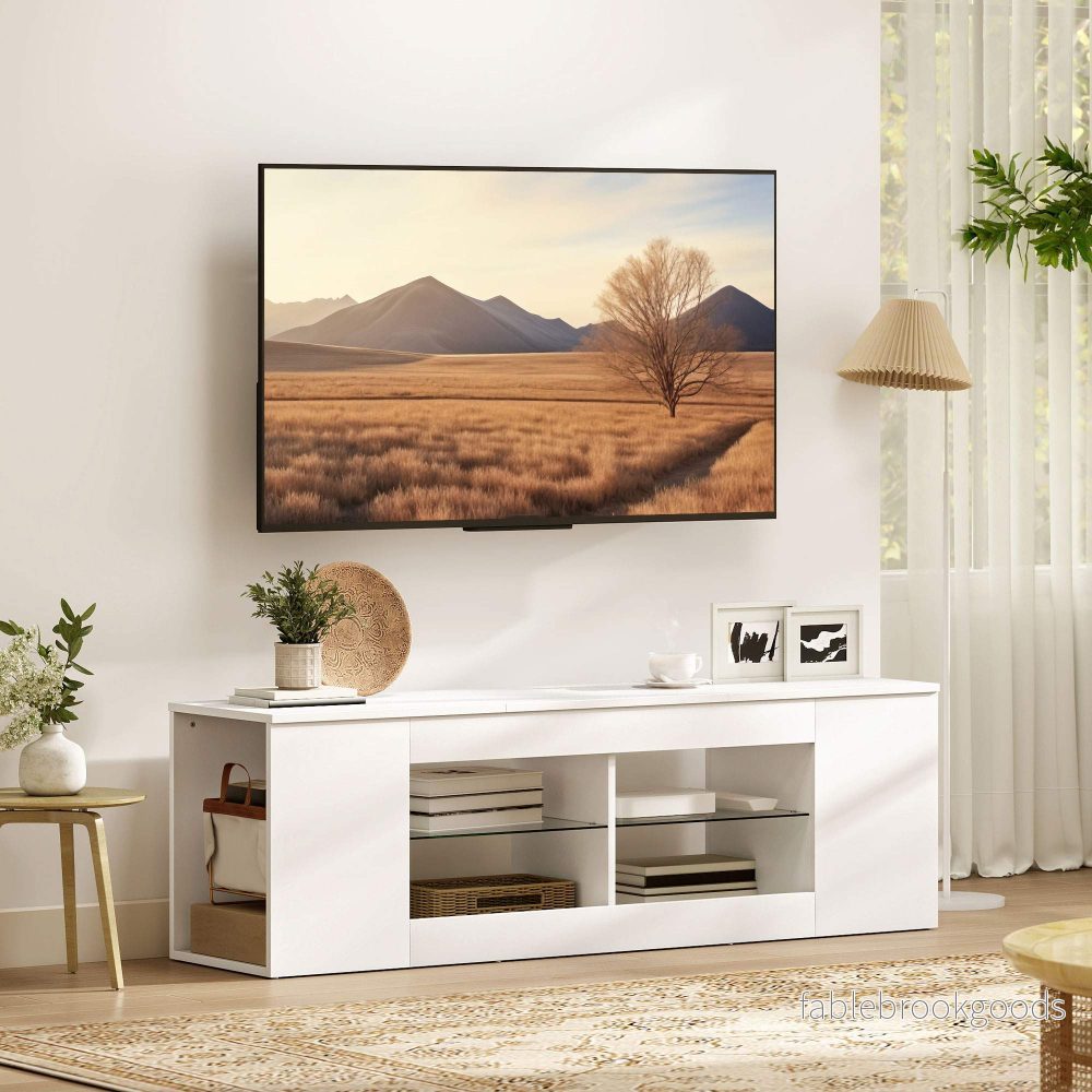 TV-bänk med 6 hyllor, 2 glashyllor, 140 cm, vit - Bild 2
