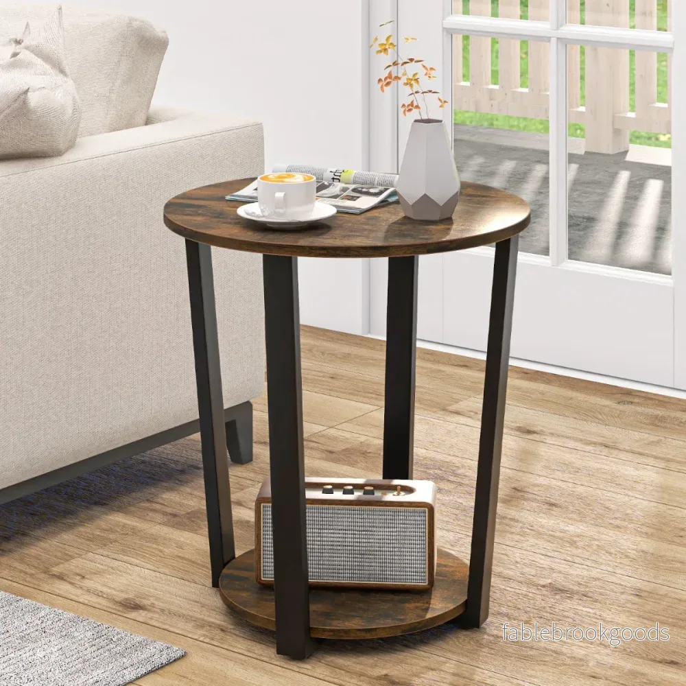 Runt – sidobord med öppen hylla och metallram vånings accentbord Soffa – 2 – Rustik brun - Bild 2