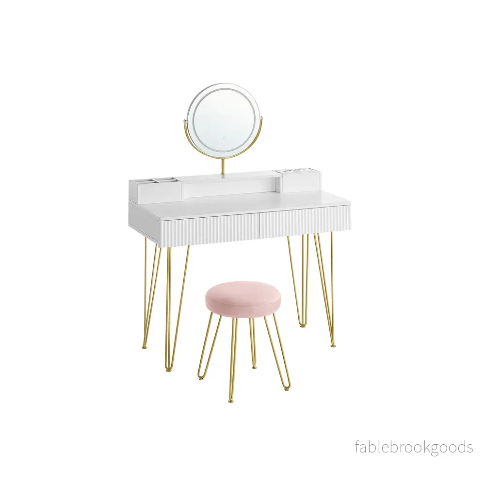 Sminkbord med belysning och pall – Matt vit-blekt guld Sminkbord med belysning och pall – Matt vit-blekt guld