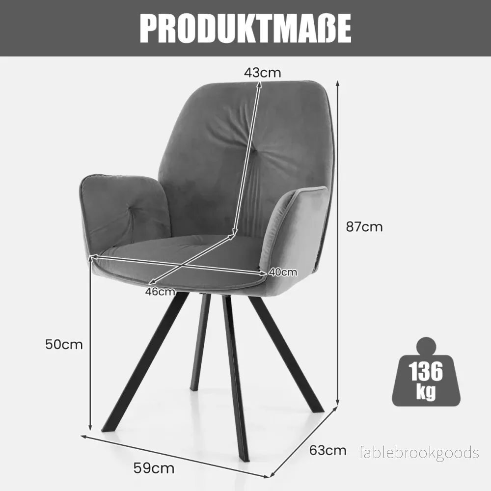 Set – med snurrstolar av sammet, 360° vridbara matsalsstolar metallben, – 2 , 63 x 59 x 87 cm – Grå - Bild 2