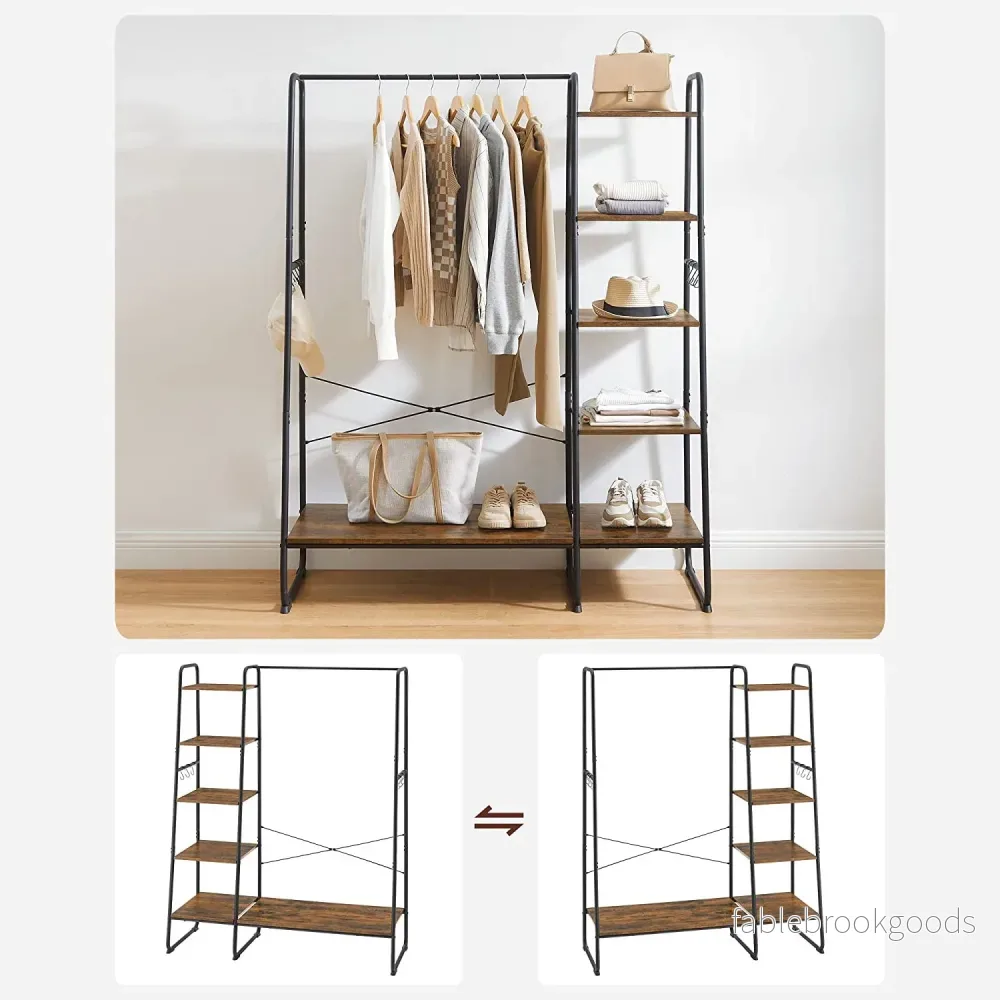 Klädhylla med skohylla och 6 krokar - Industriell design - Vintage brun-svart - Bild 2