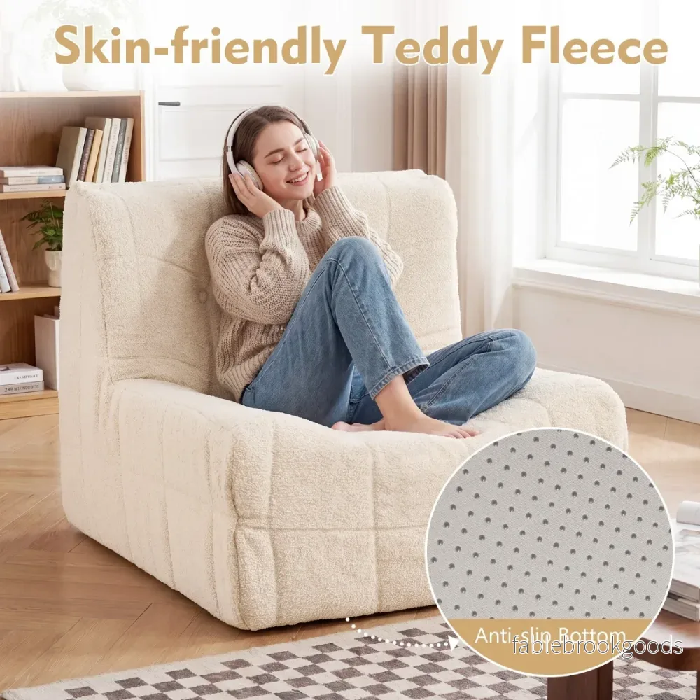 Bodensoffa – sittpuff med helgjuten skumgummi och teddyplushöverdrag prydnadsknappar – Vit - Bild 3