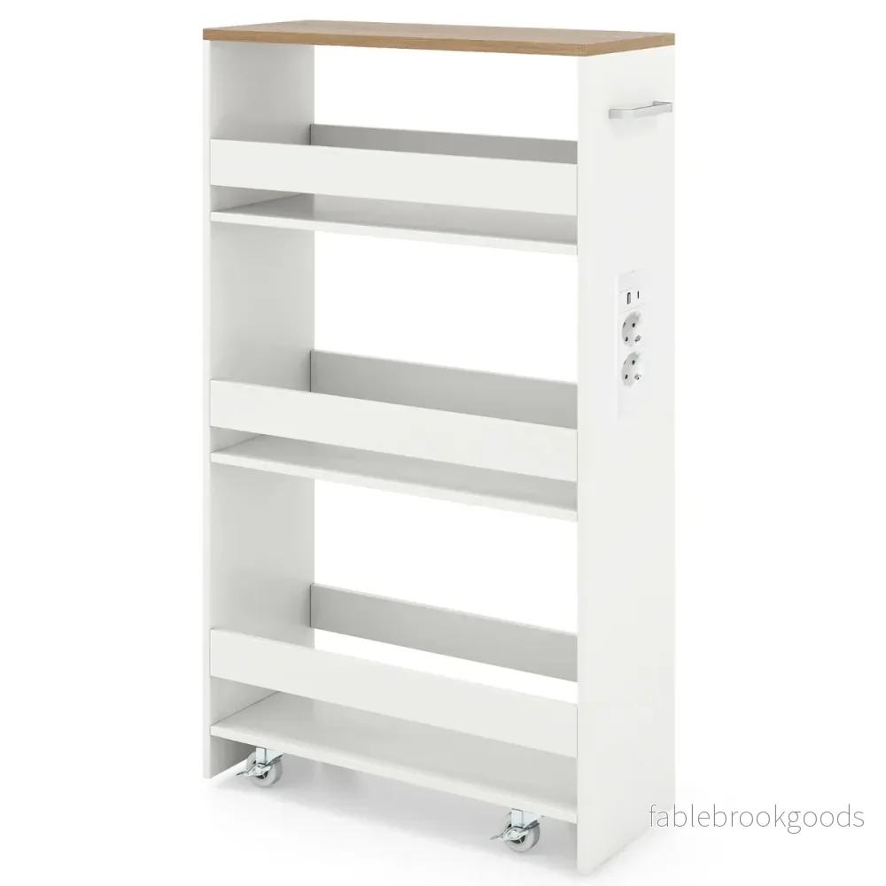 Bred – Nischvagn på Hjul Etage Smal Köksvagn Serveringsvagn + – 4 20 cm – Natur + vit
