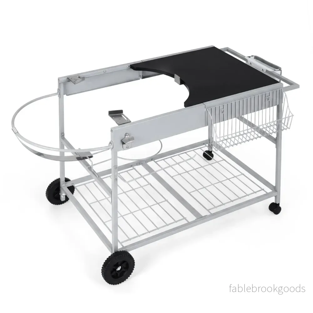 Grillvagn – med hjul, stor arbetsplatta, kryddhylla och papperskorg sidovagn grillbord – 4 – Svart