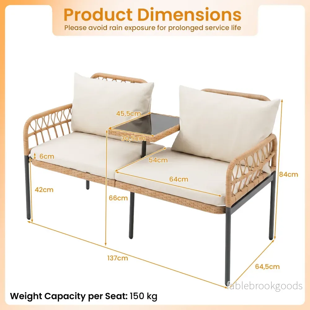 Polyrotting – trädgårdsbänk med dynor sits balkongbänk bord i härdat glas – 2 137 x 64 x 84 cm – Natur - Bild 2