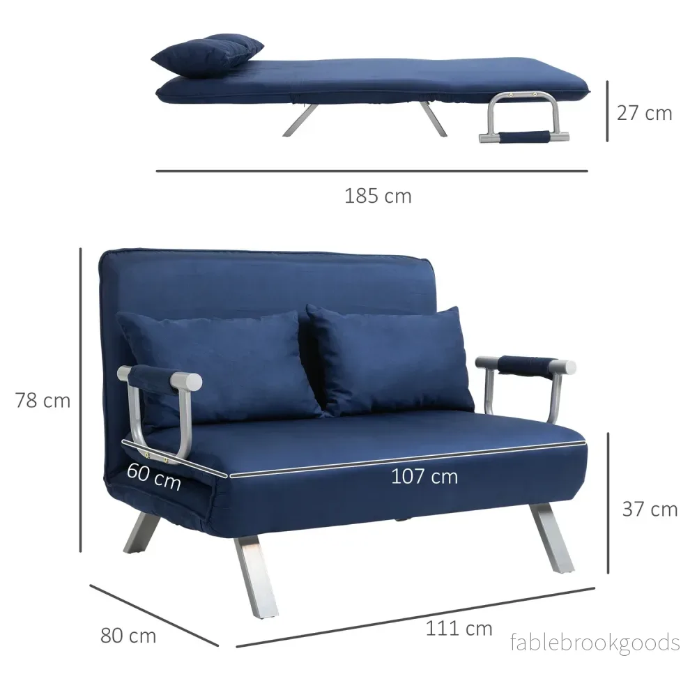 2-sits bäddsoffa i sammetslook, blå klädsel, justerbar rygg - Bild 3