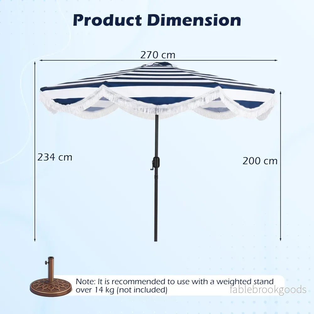 Solparasoll – strandparasoll lutningsbar med vev balkongparasoll fransar trädgårdsparassoll – Ø 278 cm – Blå och vit - Bild 2