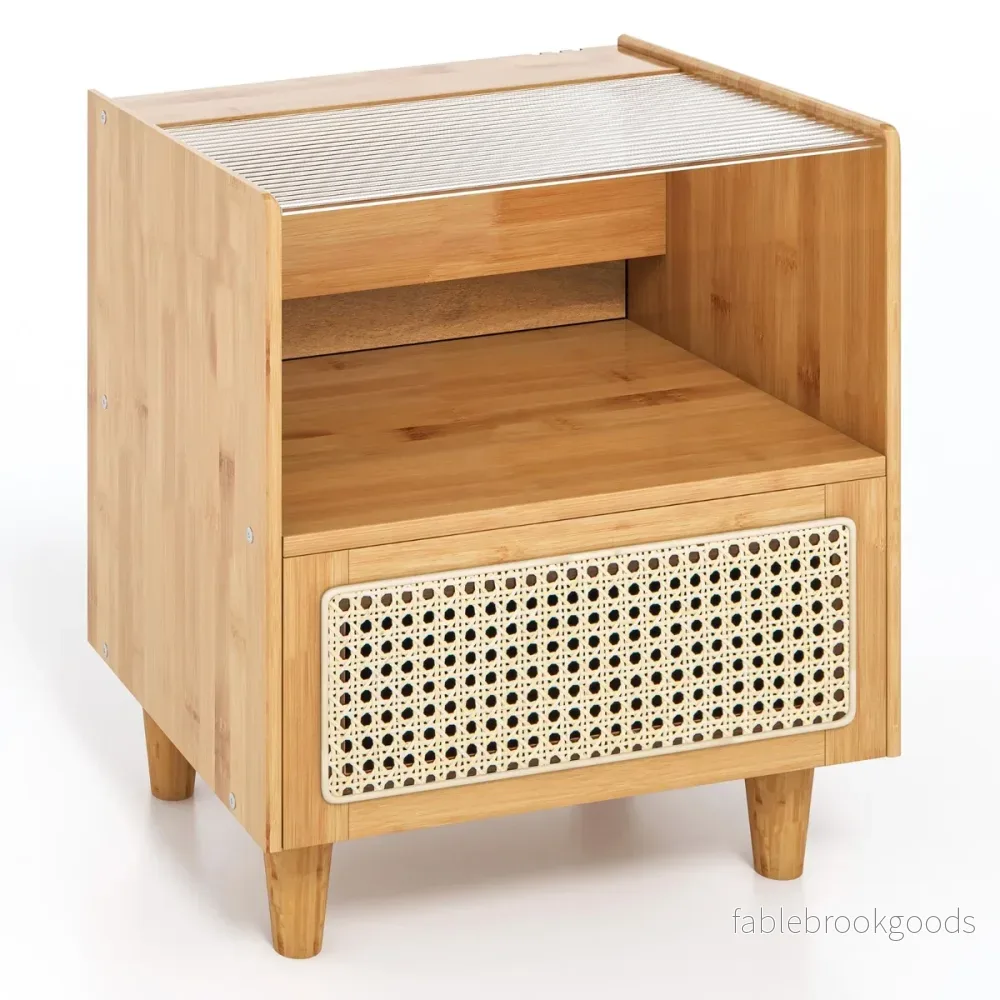 Sängbord – i bambu och rotting med låda sidobord dolt förvaringsutrymme Natural – Natur - Bild 2