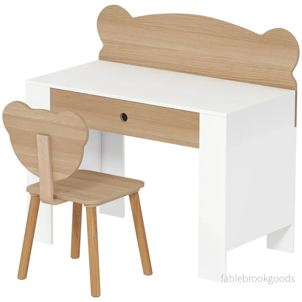 Barnskrivbordsset, björnformat arbetsbord och stol med låda, för skrivning och pyssel, 3-8 år, naturligt trä