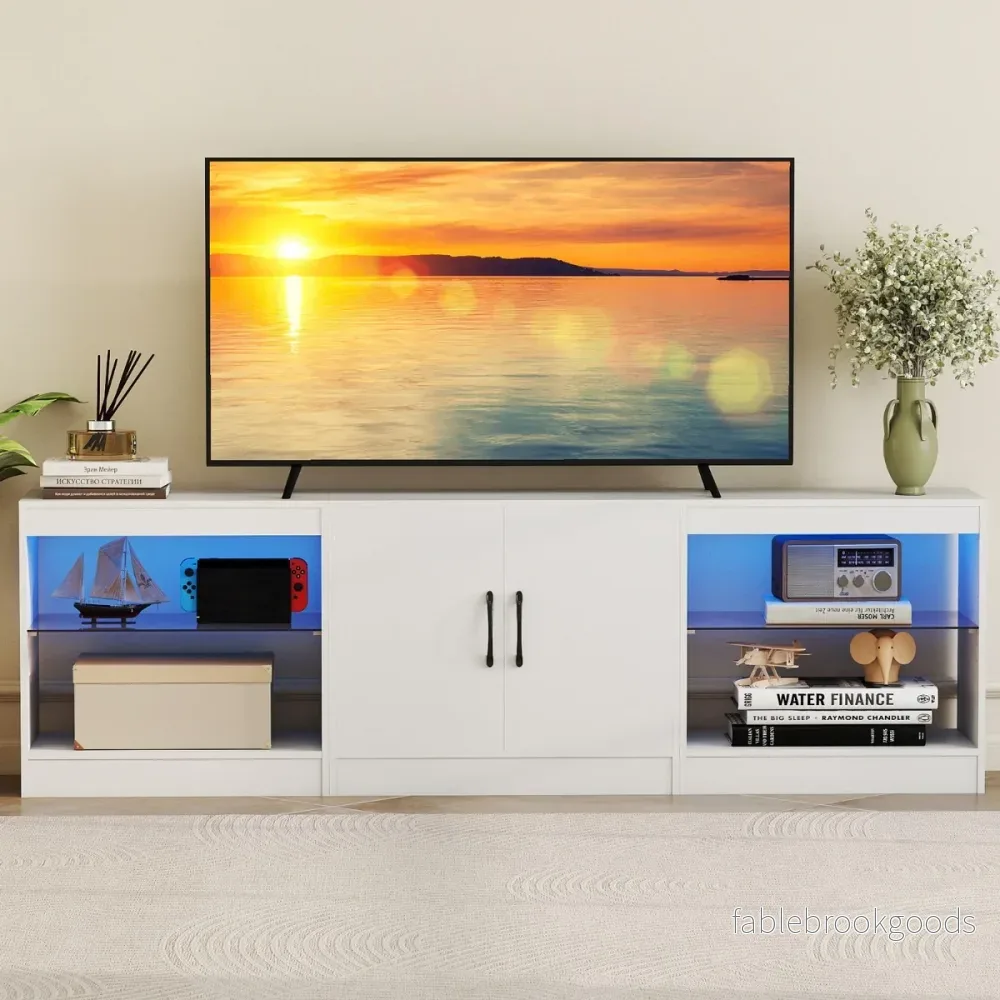 i – TV Skåp för upp till Tum Lowboard med LED Belysning och Justerbart Glas Hylla – 3 1 85 – Vit - Bild 3