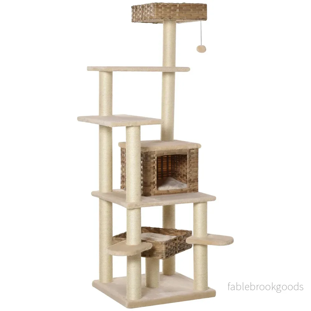 Flerskikts rottingkatt-klätterträd med grotta, beige/brun
