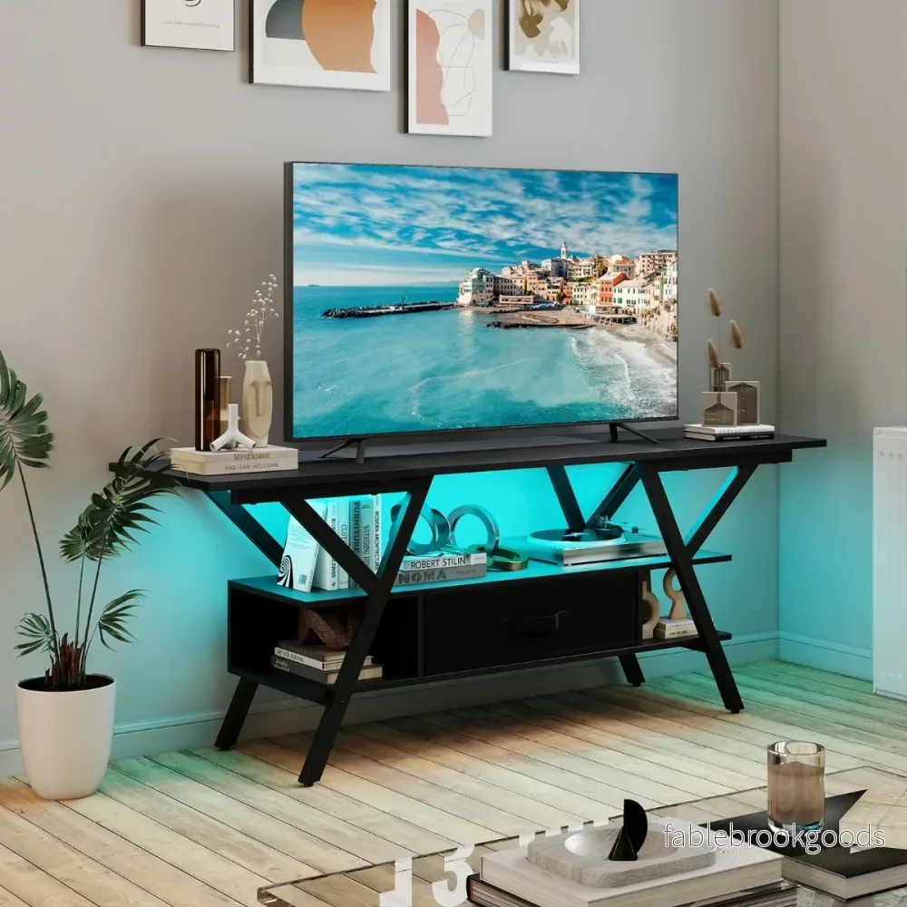 TV ställ – för tums nivå underhållningscenter med LED lampor – 65 3 – Svart - Bild 3