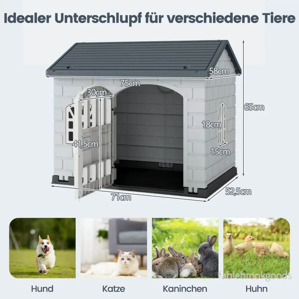 Hundkoja – i plast väderbeständig hundhus med låsbart dörr, fönster och snedtak för små hundar katter, – 3 . – Grå - Bild 2