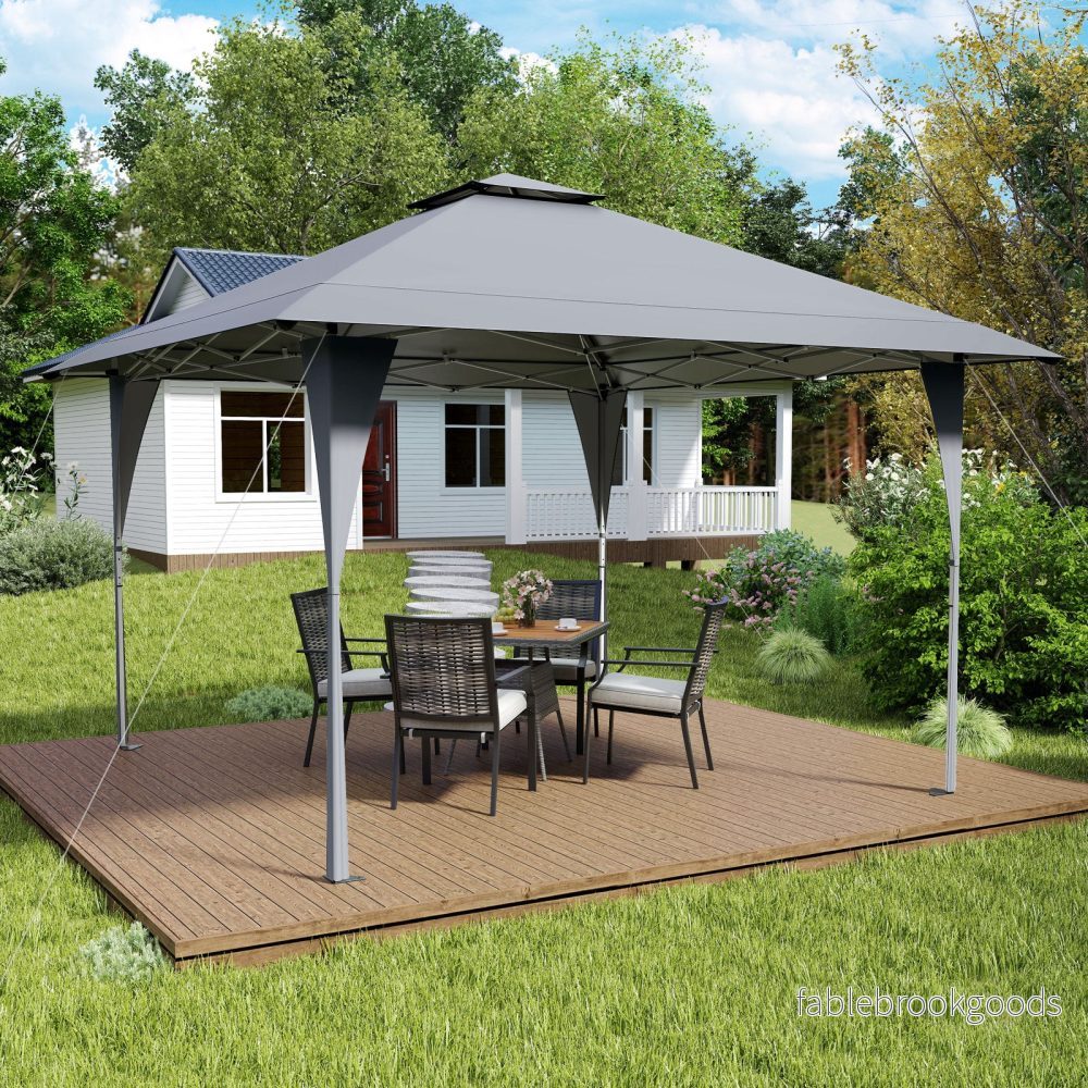 Pop – Up Paviljong Höj och sänkbart med Dubbel Tak Metallram – 4 x 4 m – Grå - Bild 3