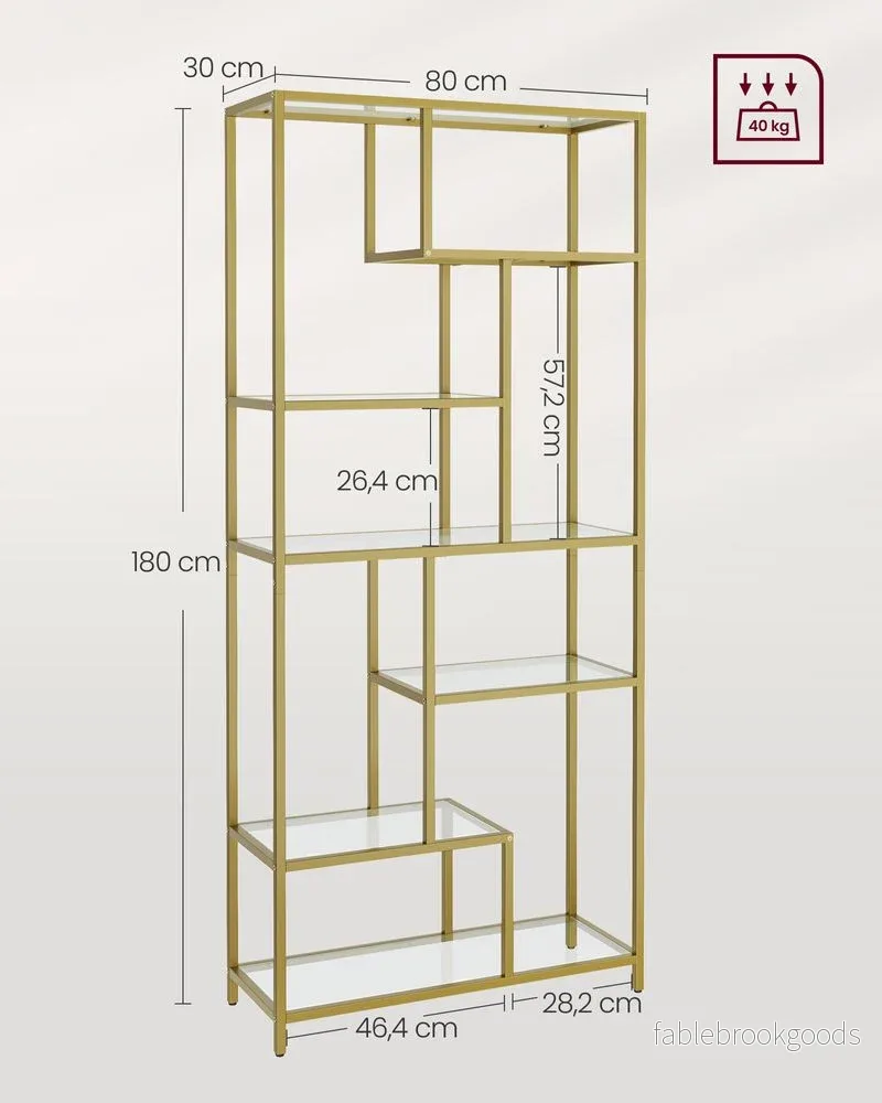 Bokhylla – 6 nivåer – stål och glas – guld och transparent - Bild 3