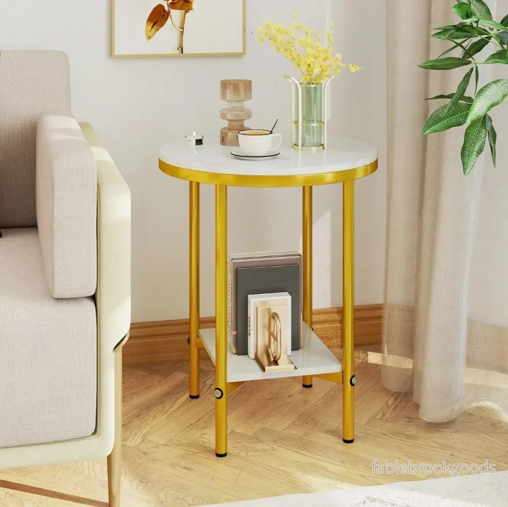 stegs – rund soffbord sidobord med marmorlook och avställningsyta + – 2 40,5 cm – Vit - Bild 3