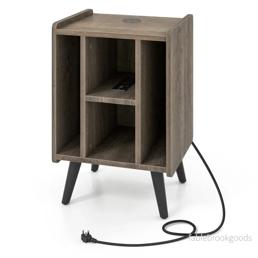 Skivspelarställ – med laddstation och öppna hyllor Vinylskivor Skivspelare Bord – 4 – Grå