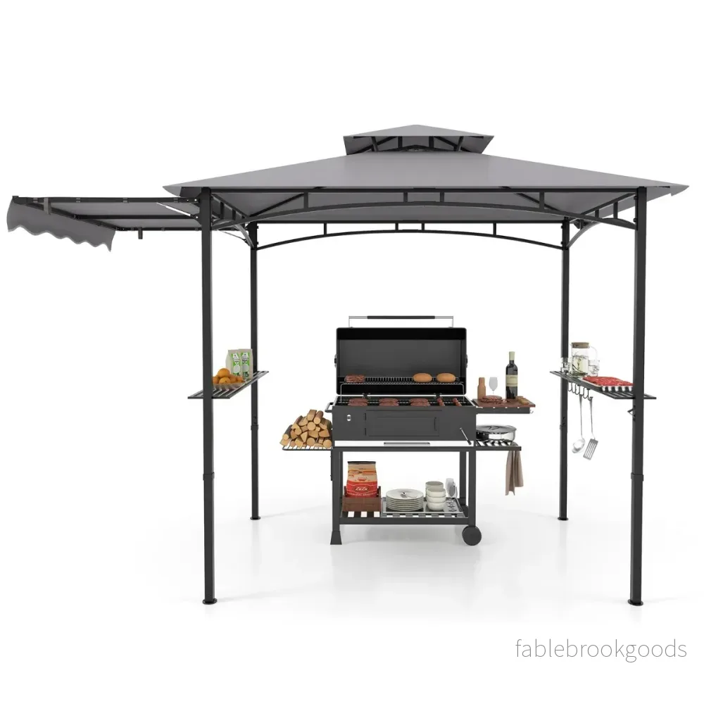 Grillpaviljong – med sidomarkis och dubbeltak sidohyllor krokar Väderbeständiga grilltak – Grå - Bild 2
