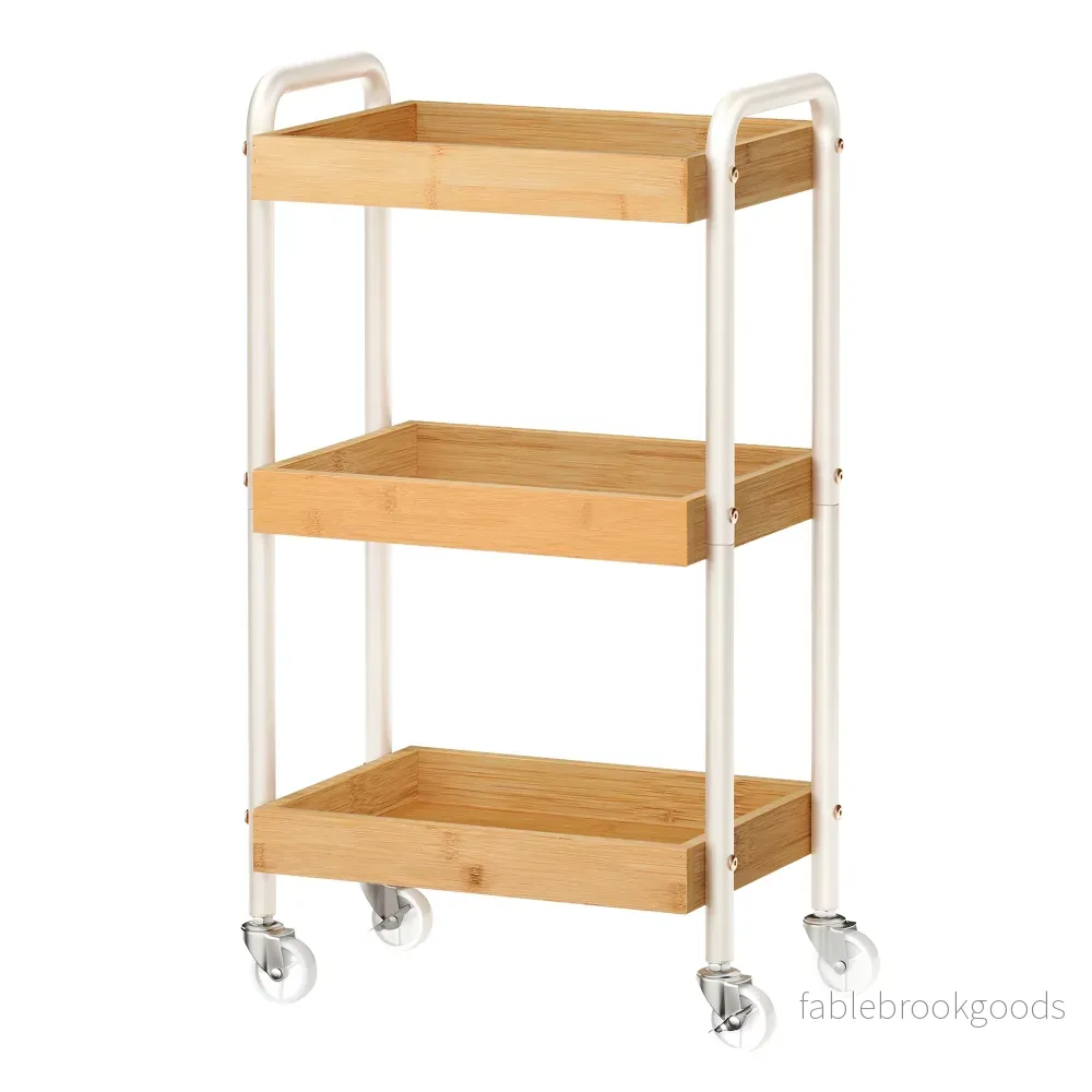 Serveertrolley - 3 Etages - Bamboe - Met Handgrepen - Beige
