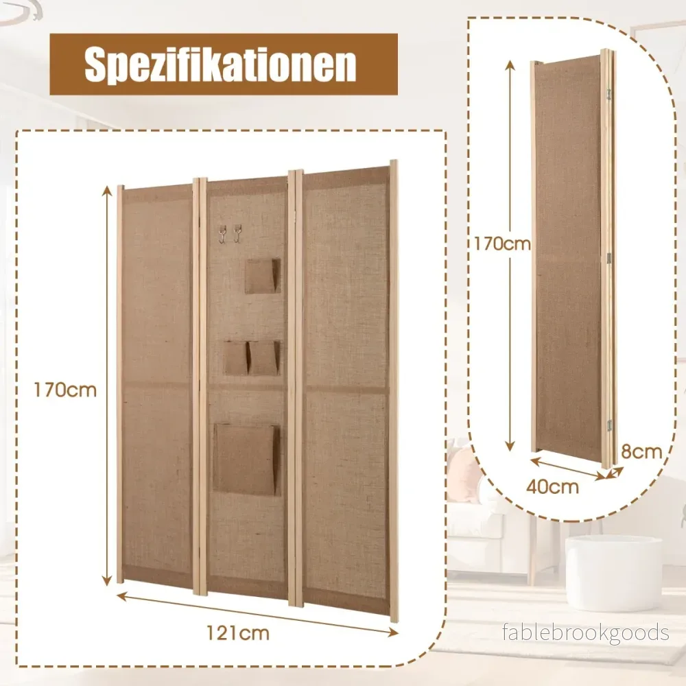Paravent – med krokar och förvaringsfickor rumsavdelare skiljevägg – 2 4 170 x 121 cm – Natur - Bild 2