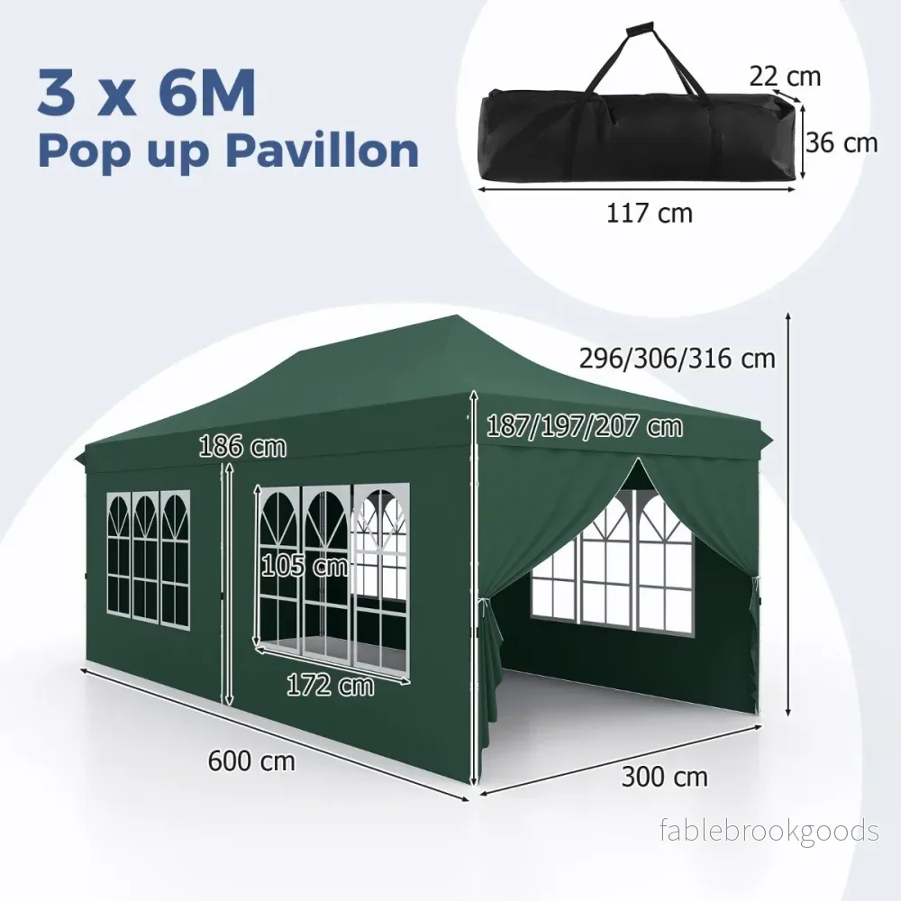 Paviljong, – med avtagbara sidoväggar, höjdjusterbart partytält – 6 3 x 6 m – Grön - Bild 2