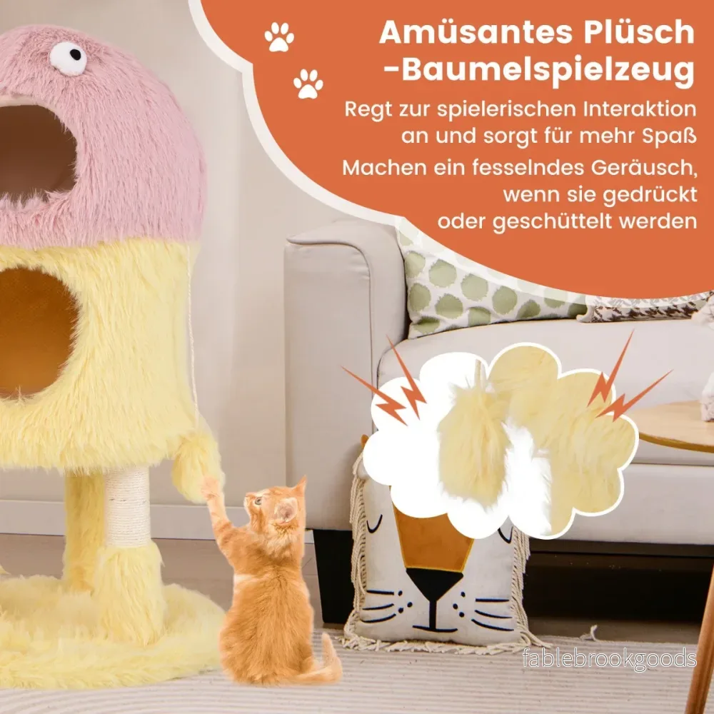 Skrapstolpe – litet högt kattträd med monstertema kattgrottor rosa+gult – 93 cm 2 – Gul - Bild 3
