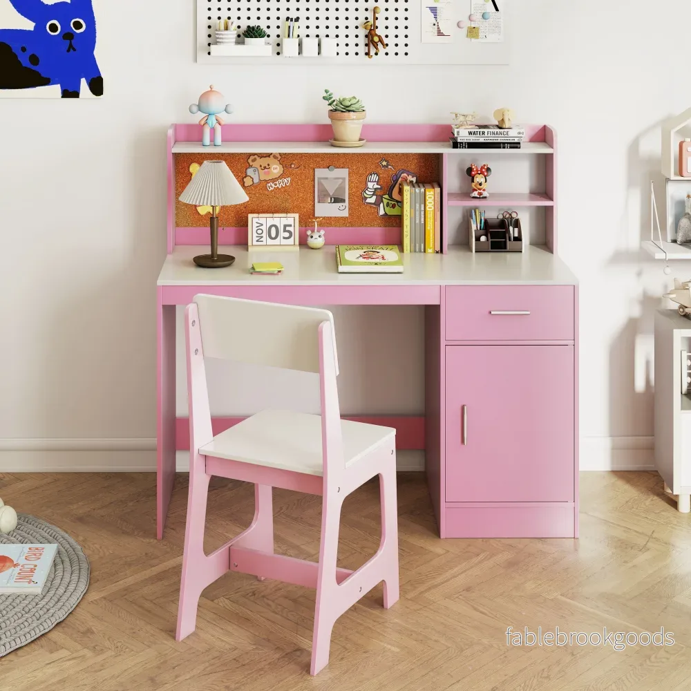 Barnskrivbord – och Stol Set Trä med Hyllor Låda – Rosa - Bild 3