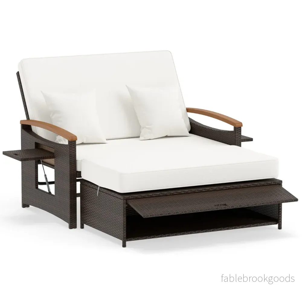 i – Rattan Lounge Möbelset Dubbelsäng Dagbänk Trädgårdsoffa sits med pall – 3 1 2 – Vit
