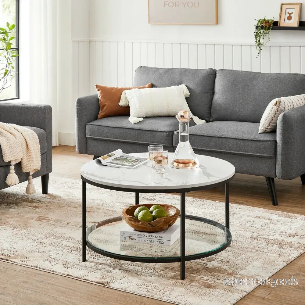 Soffbord – 2 hyllor – Vit marmorlook med svart ram - Bild 3