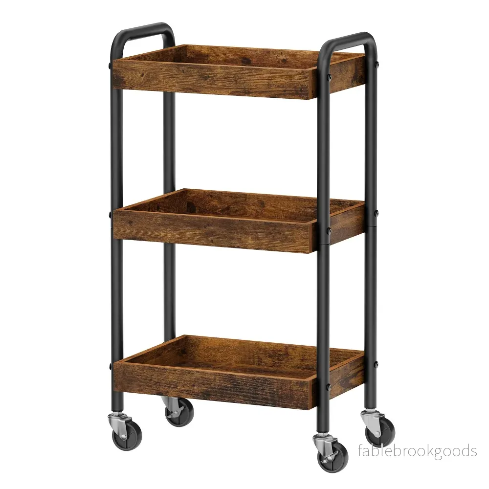 Serveertrolley – 3 Etages – Met Handgrepen – Op Wielen – Bruin Serveertrolley – 3 Etages – Met Handgrepen – Op Wielen – Bruin
