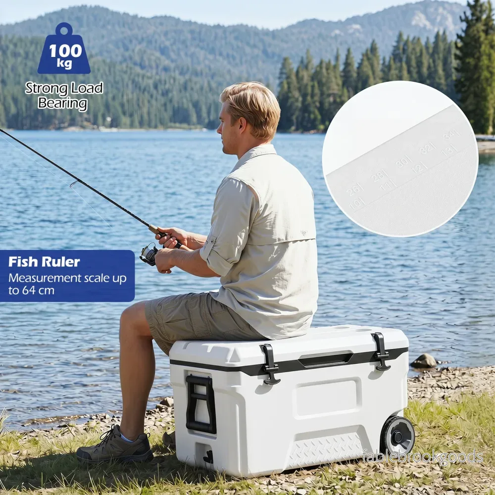 Kylbox – Stor thermobox i plast med hjul och handtag avloppspropp dryckeshållare – 50 l – Vit - Bild 3