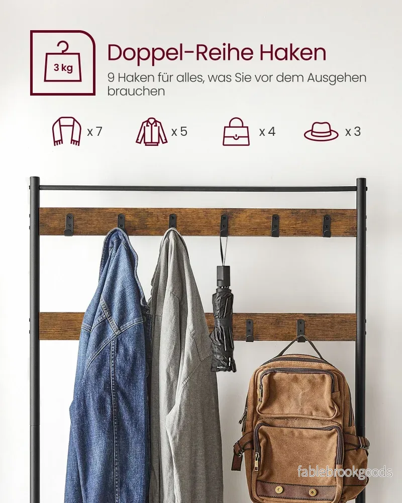 Klädhängare med bänk och 9 krokar i vintage brun-svart - Bild 3