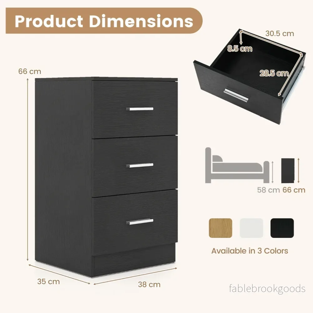 Sängbord – med laddstation modern nattduksbord förvaringslådor – 3 38 x 35 x 66 cm – Svart - Bild 2