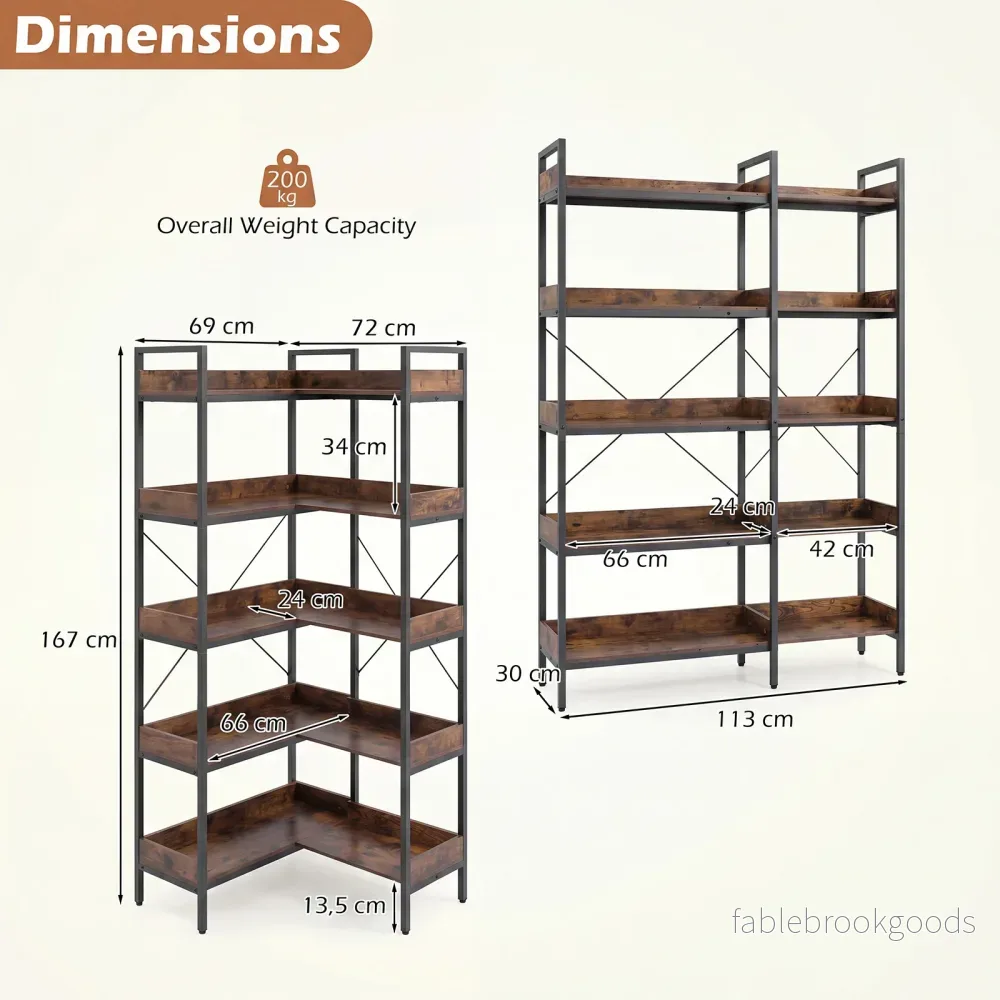 Bücherregal – 5‑stöckiges L‑Form‑Eckregal med förhöjda sidokanter – 72 x 69 x 167 cm - Bild 2