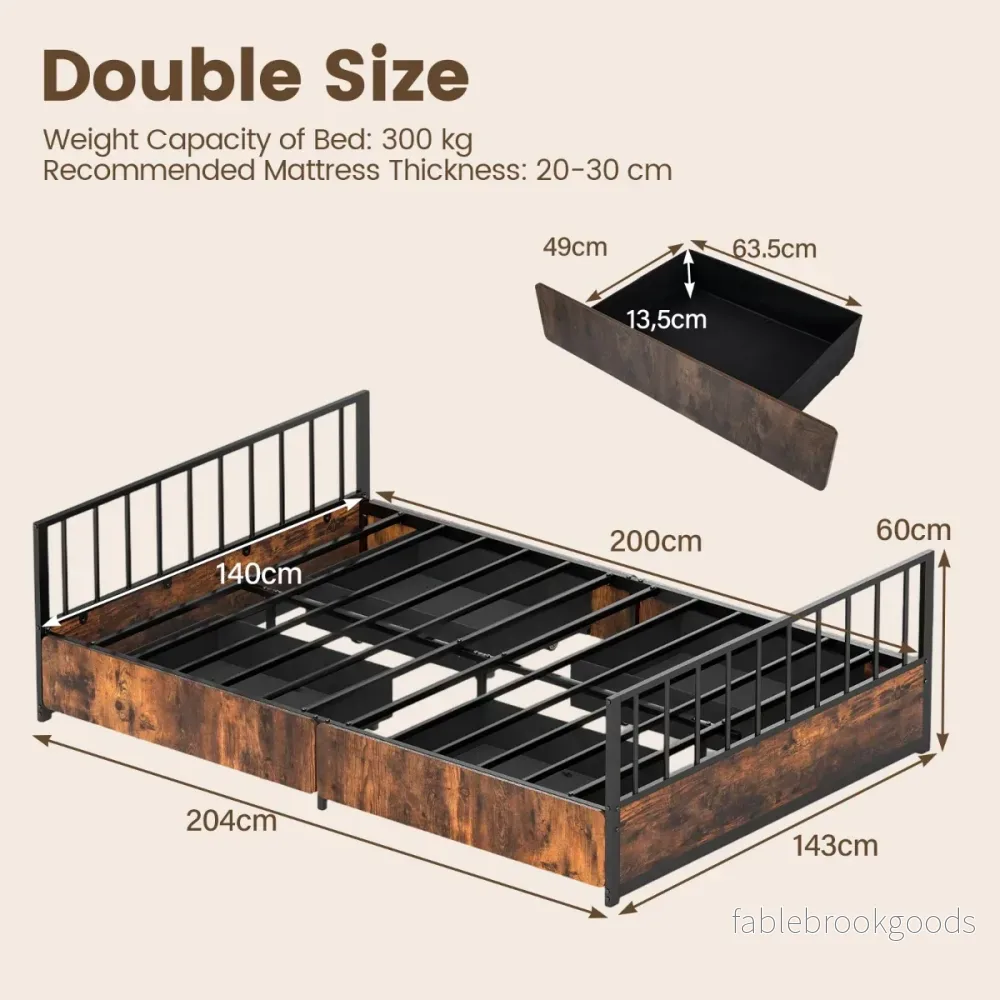 Sängstomme – med lådor och gavel fotände Industriell Dubbelsäng bäddbotten – 2 140 x 200 cm – Rustik brun - Bild 2