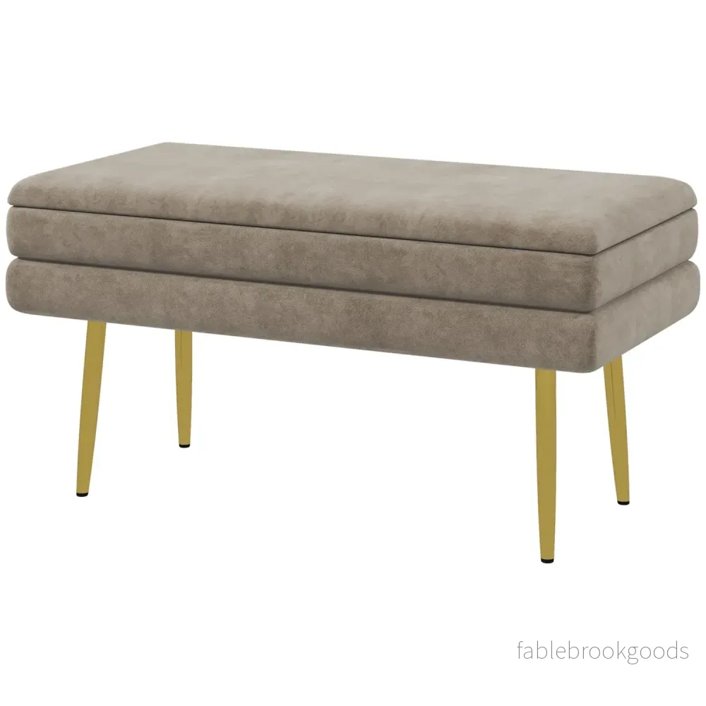 Klädd förvaringsbänk i sammet, Stålben, Beige, 79,5 cm