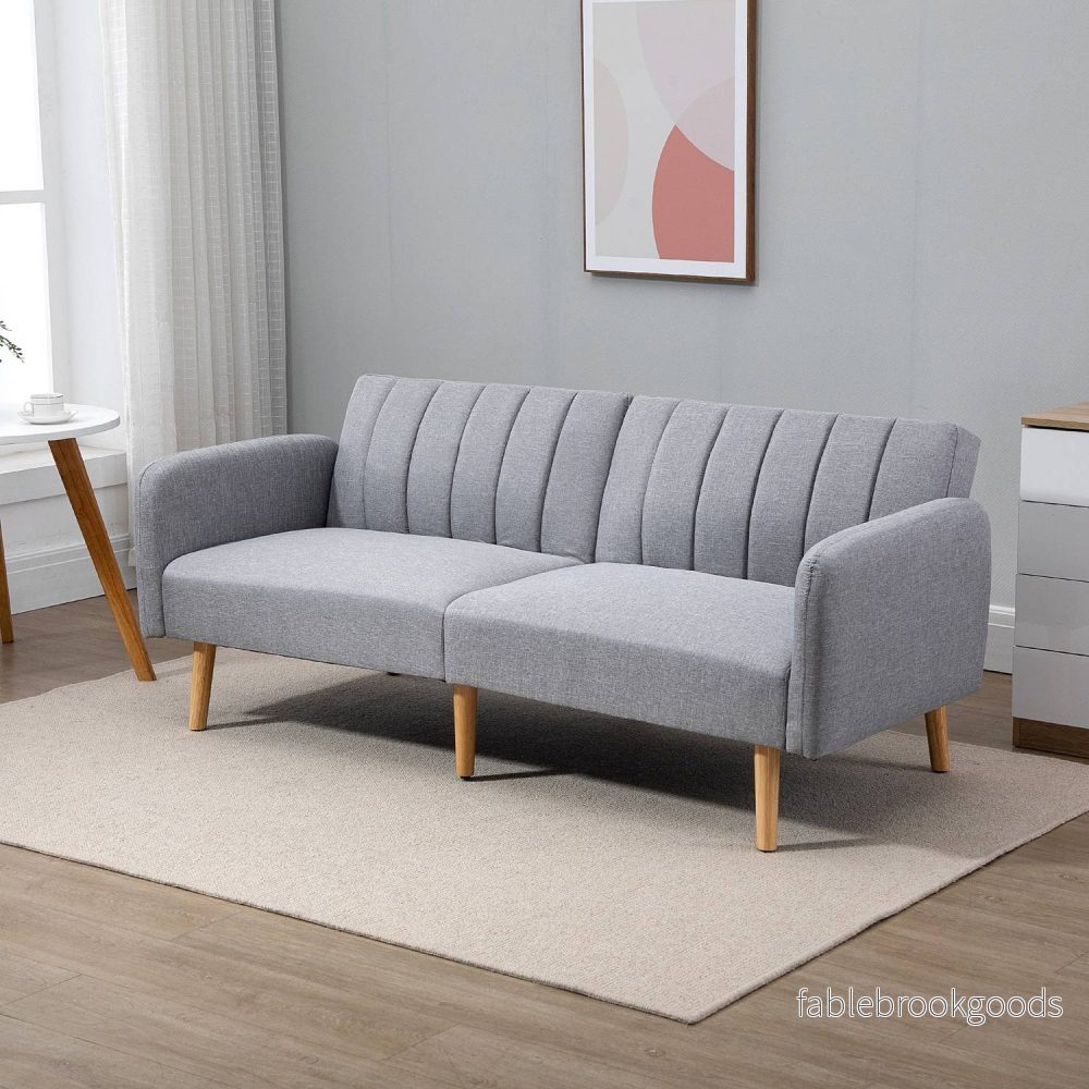 Grå 2-sits bäddsoffa, ställbart ryggstöd, träben - Bild 2