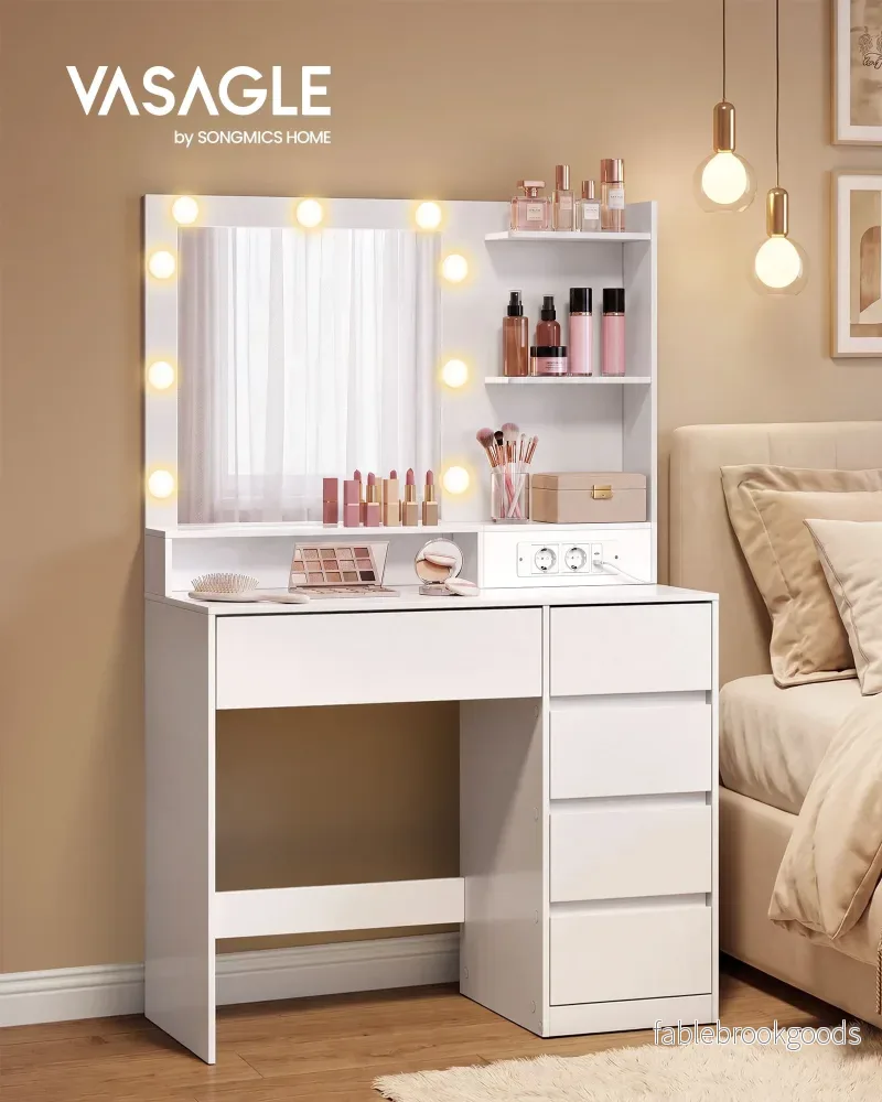 Kaptafel - Met Verlichte Spiegel en Schuifladen - Wolkwit - 40 x 80 x 144,3 cm - Bild 2