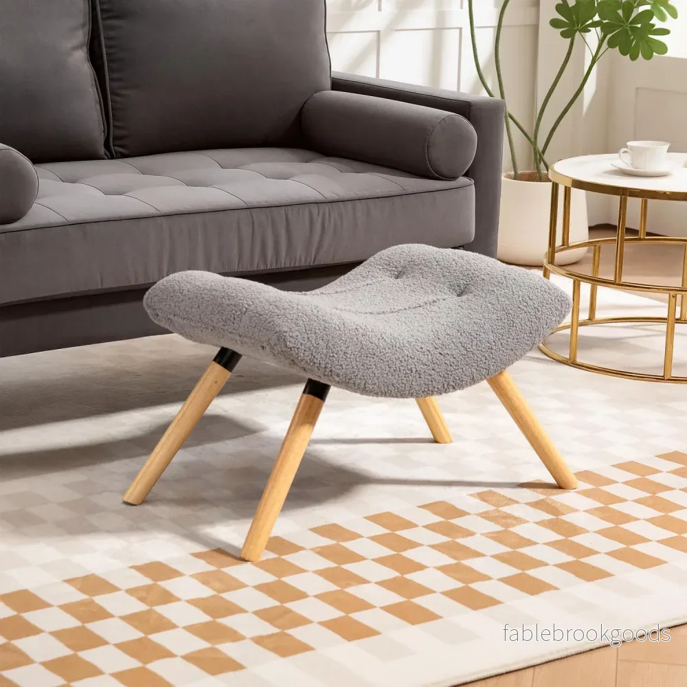 Modern fotpall med fleeceöverdrag och träben, ljusgrå - Bild 2