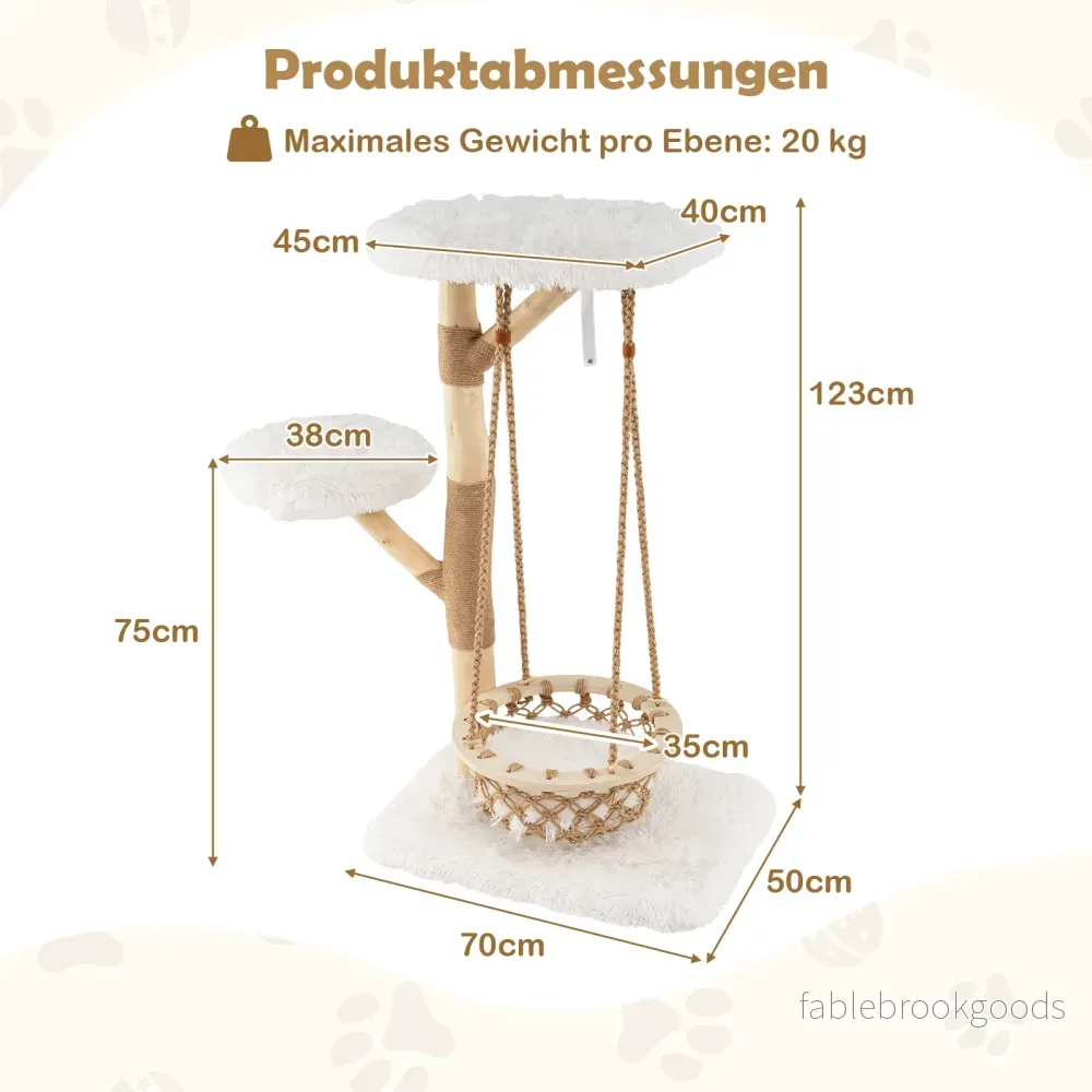 Kattträd – med hängande korg och klättertorn riktiga trägrenar kattaktivitetsträd – 123 cm – Natur - Bild 2