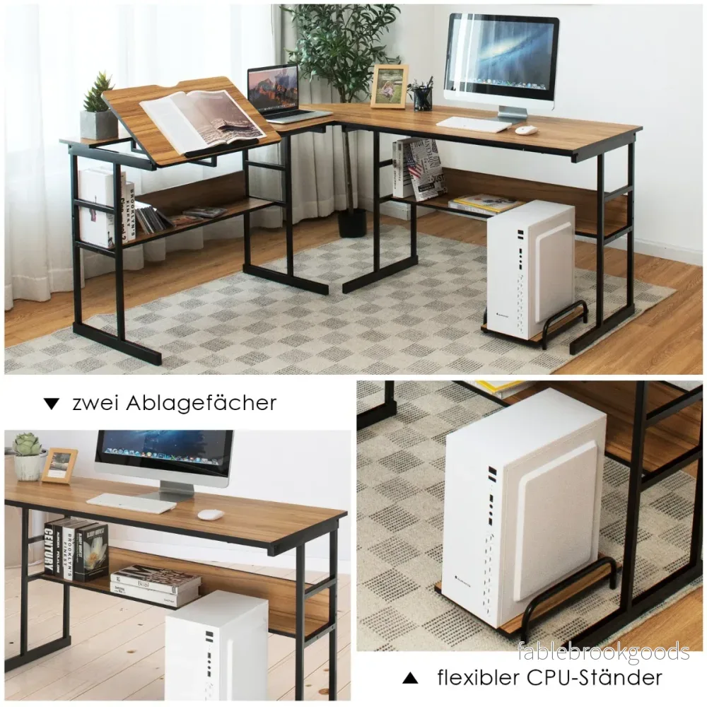 L – format skrivbord med tippbar bordsskiva nedre bokhylla och CPU stativ ritbord datorbord – 170 x 150 x 75 cm – Valnöt - Bild 3
