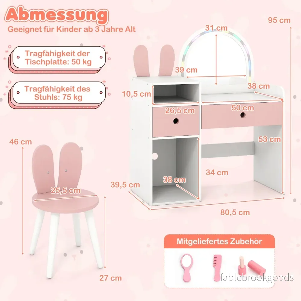 Sminkbord – för barn med belysning upplyst spegel Toalettbord öppna hyllor Vitt – Vit - Bild 2