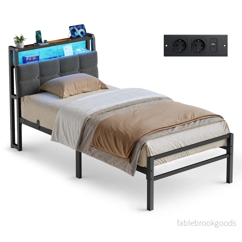 Metalen Bed – 90 x 200 cm – Met Opbergruimte – Ledverlichting – Matzwart Metalen Bed – 90 x 200 cm – Met Opbergruimte – Ledverlichting – Matzwart