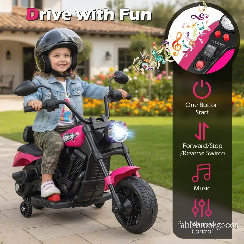 6V – elektrisk barnmotorcykel Chopper med musik, strålkastare, fotpedal och stödhjul – 2 – Rosa - Bild 3