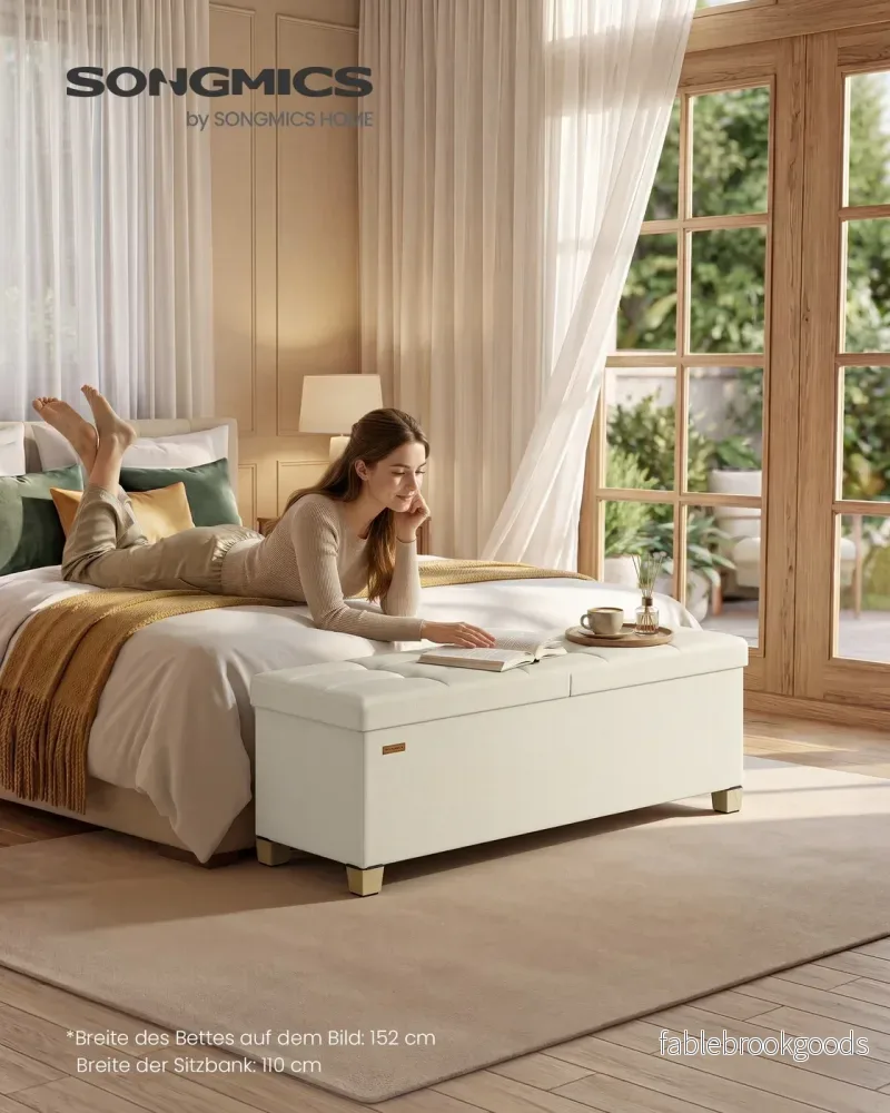 Opbergbank - 110 cm - Scharnierend Deksel - Linnenlook - Lichtbeige - Bild 2