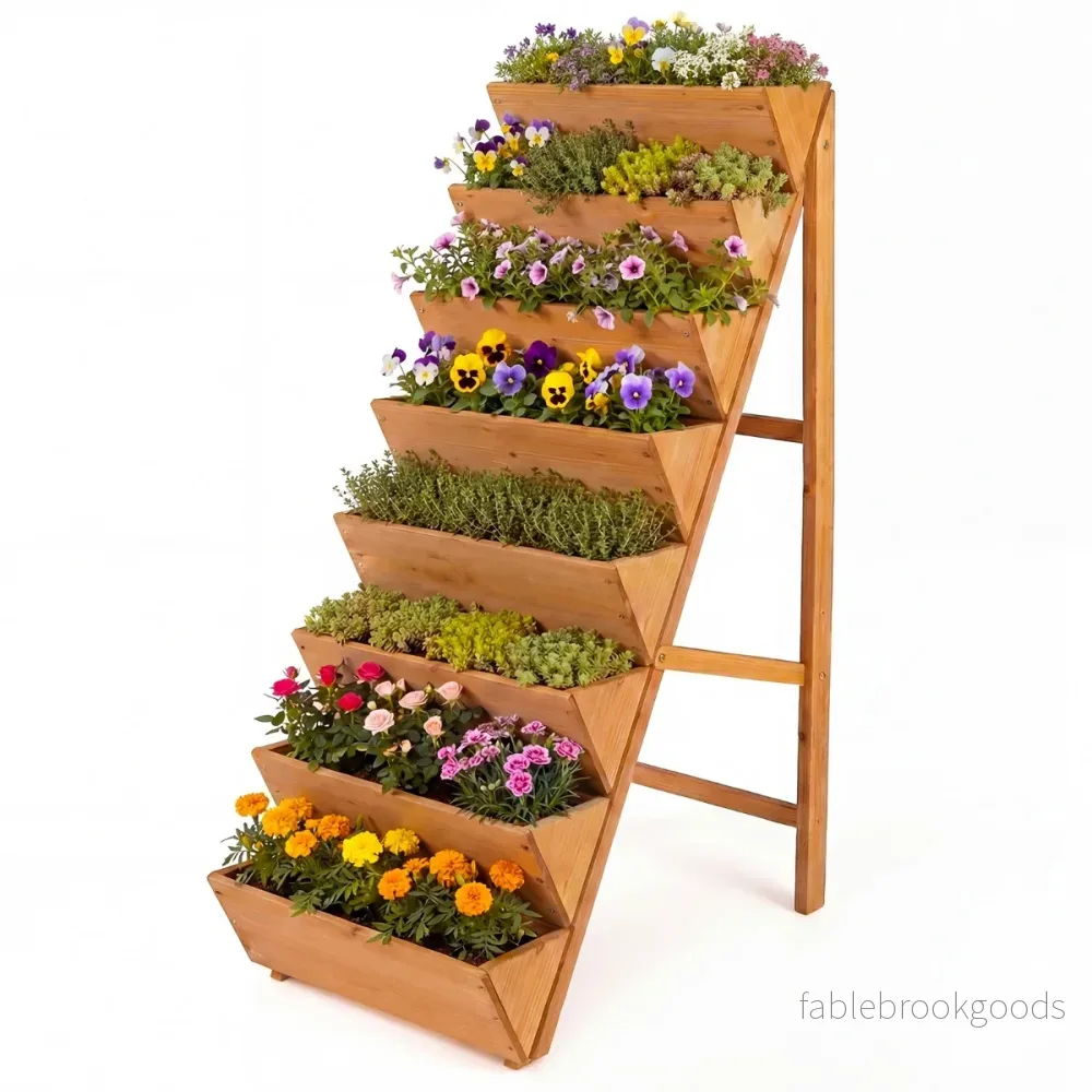Vertikalt – odlingsbord med nivåer av granträ, blomsterbädd planteringslådor, blomstertrappa – 8 – Orange