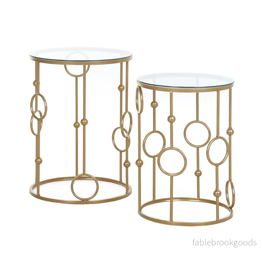 Set med 2 soffbord, sidobord med glasskivor, vardagsrumsbord med båge och bolldesign Ø41 x 57 cm, guld