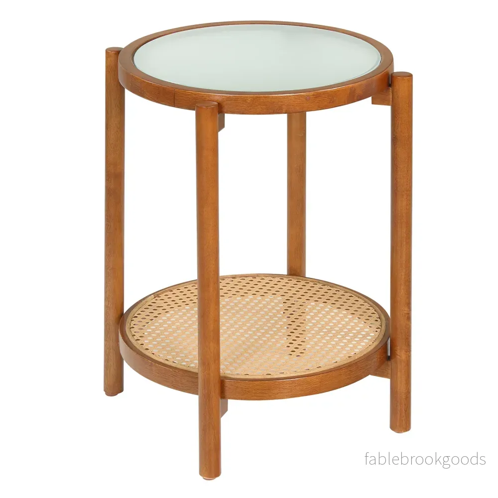 Soffbord – i boho stil med glasplatta och rottinghylla, sidobord – 47,5 x 47,5 x 58 cm