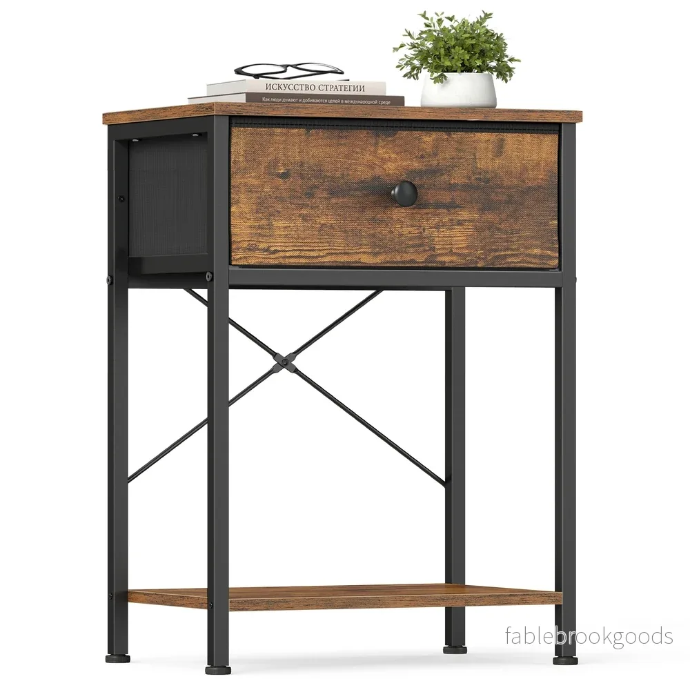 Nachtkastje – Ledverlichting – Met Stopcontact en USB – 2 Stoffen Lades – Vintage Bruin Nachtkastje – Ledverlichting – Met Stopcontact en USB – 2 Stoffen Lades – Vintage Bruin