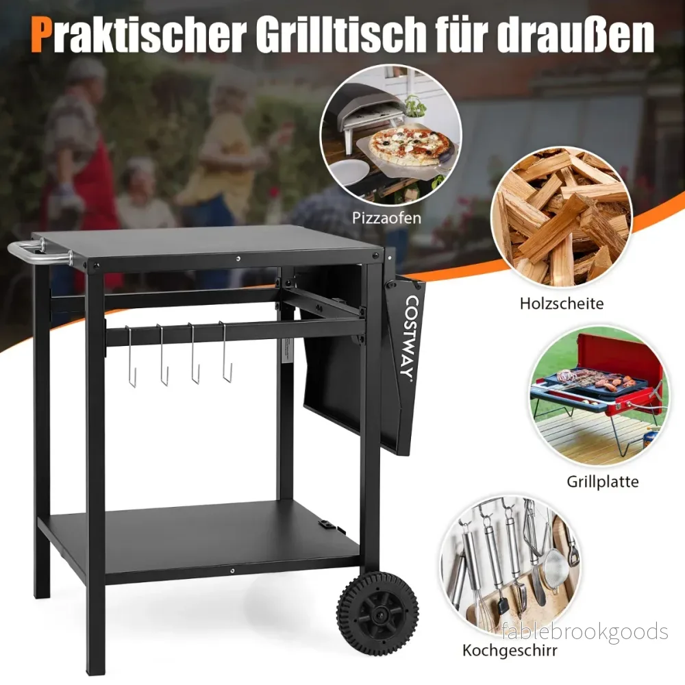 Grillvagn – med hopfällbar bordsskiva och hyllor krokar Flyttbart campingbord – 2 4 – Svart - Bild 3